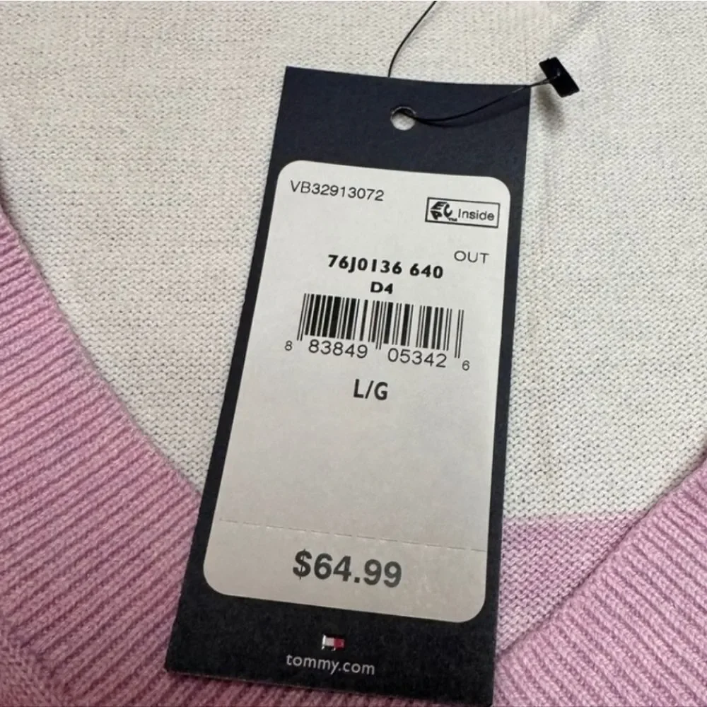 Tommy Hilfiger Pastel Pink Stripe Long Sleeve V-Neck Women's Sweater